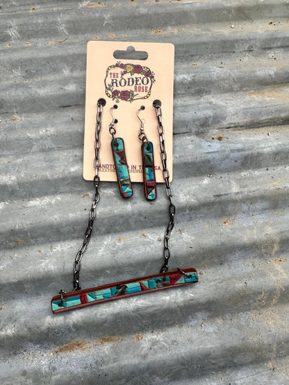 Mosaic Turquoise Leather Jewelry Set Cowgirl Rodeo Western Cowboy