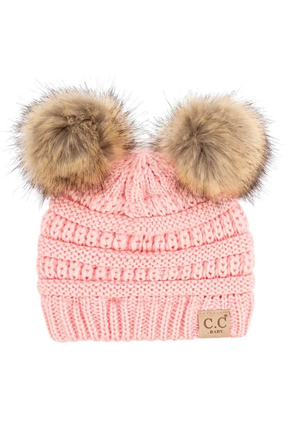 C.C. Solid Ribbed Infant Natural Fur Double Pom Pom Beanie
