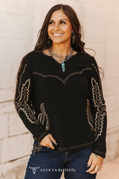 Women's Boot Stitch Contrast Long Sleeve - Black