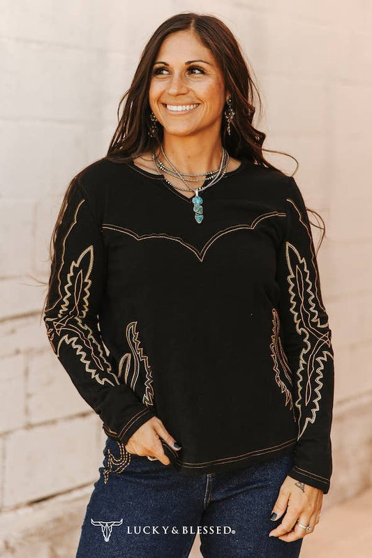 Women's Boot Stitch Contrast Long Sleeve - Black