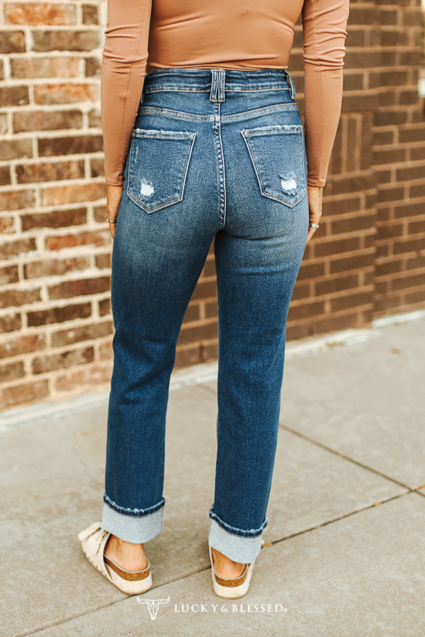 Women's Dark Wash Tummy Control Boyfriend Jeans