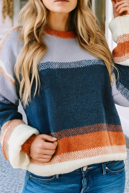 Women's Navy and Orange Color Block Sweater