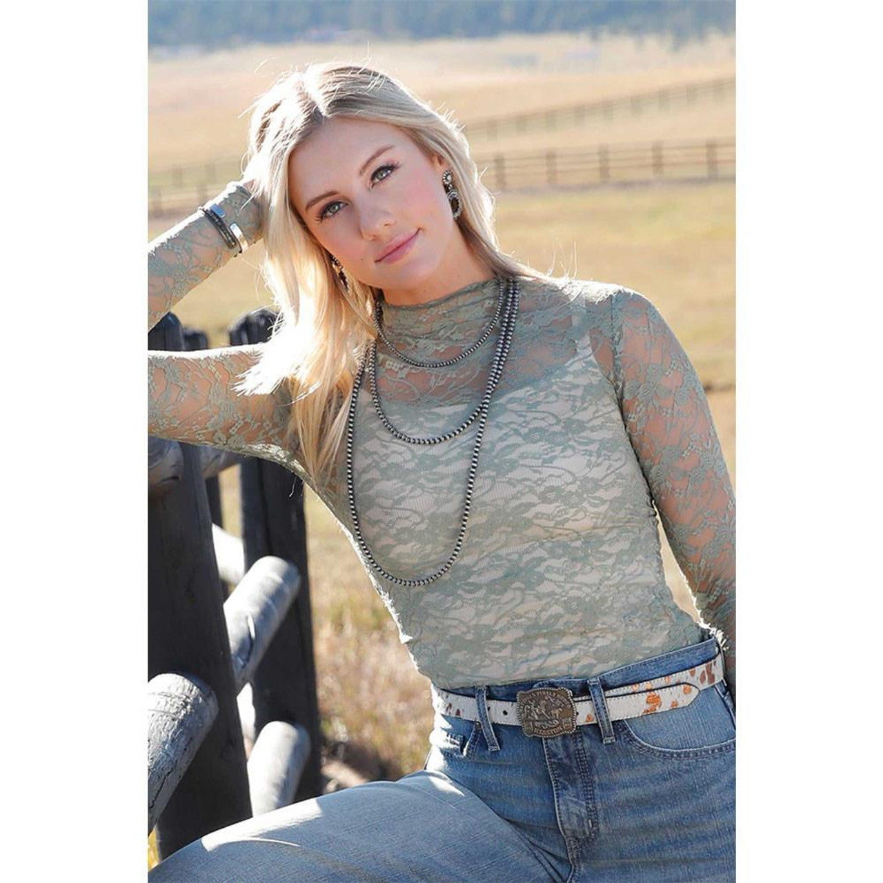 Women's Cruel Denim Green Lace Mesh Shirt