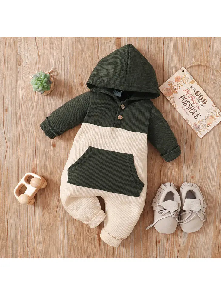 Baby Boy Waffle Colorblock Hooded Jumpsuit
