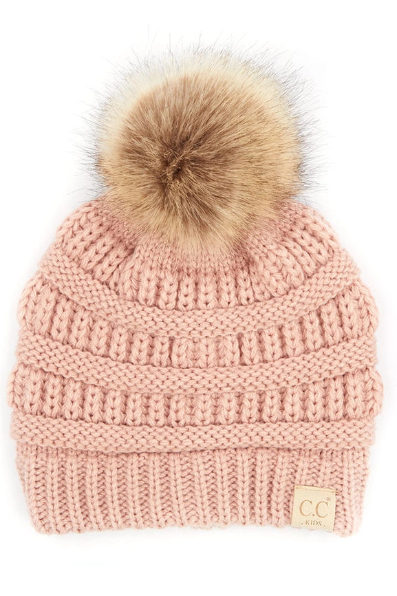 C.C. Kids Solid Ribbed Beanie with Pom