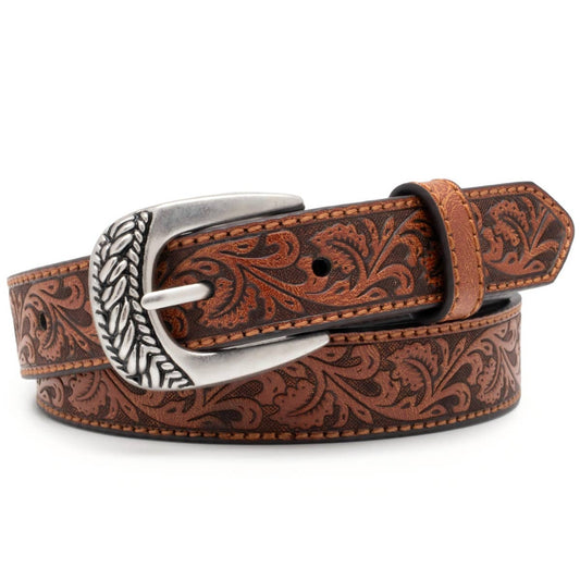 Kids Vintage Embossed Leather Belt with Western Buckle