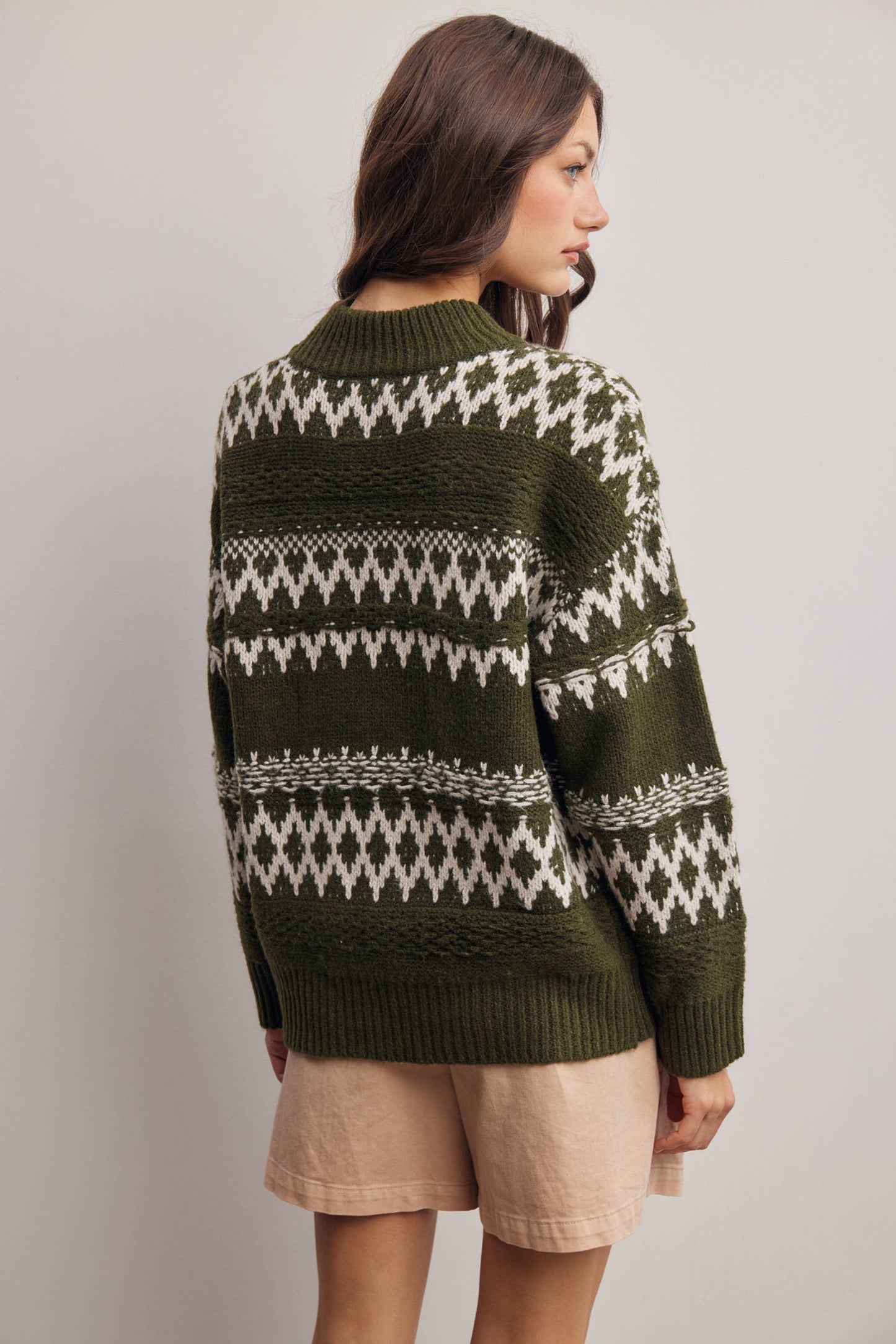 Women's Fair Isle Pattern Knit Sweater - Olive