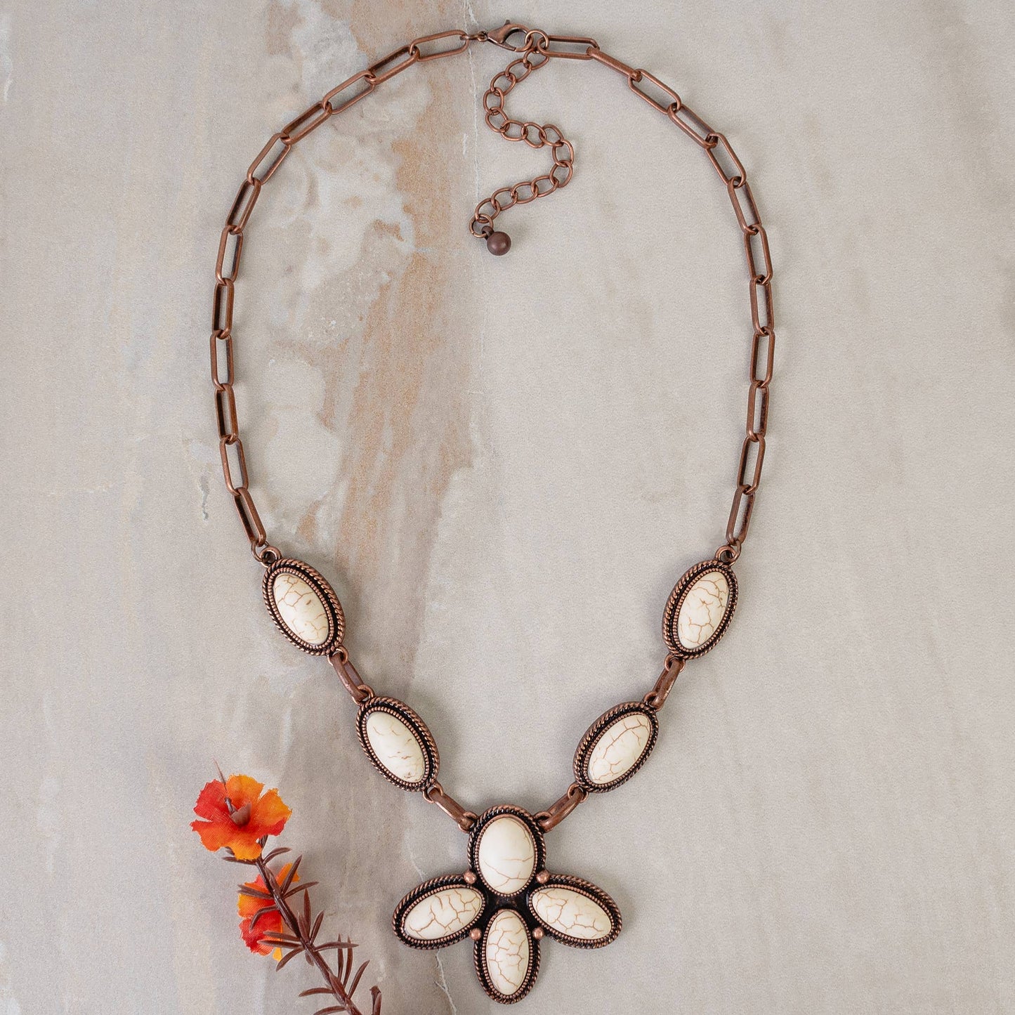 Copper and Ivory Oval Squash Blossom Necklace