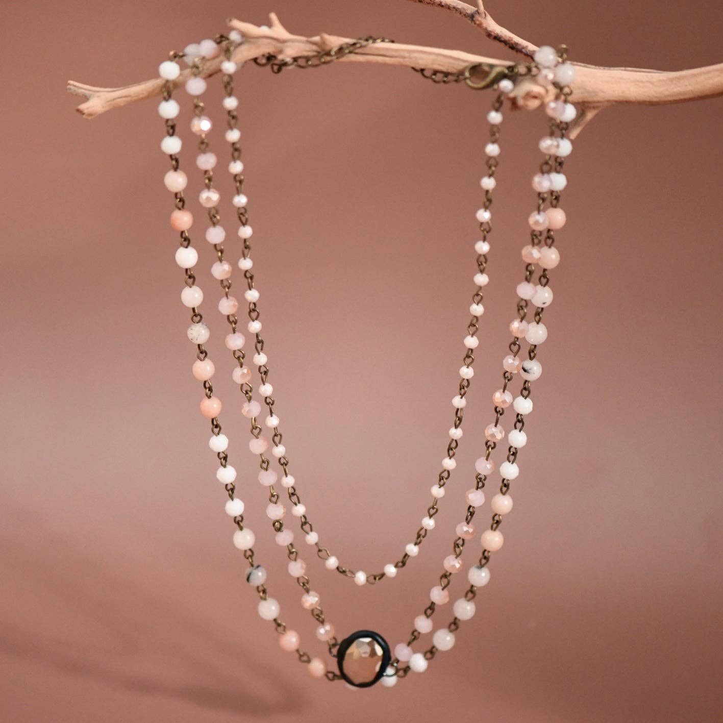 Triple Layered Mixed Glass Bead and Stone Necklace