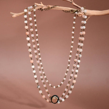 Triple Layered Mixed Glass Bead and Stone Necklace