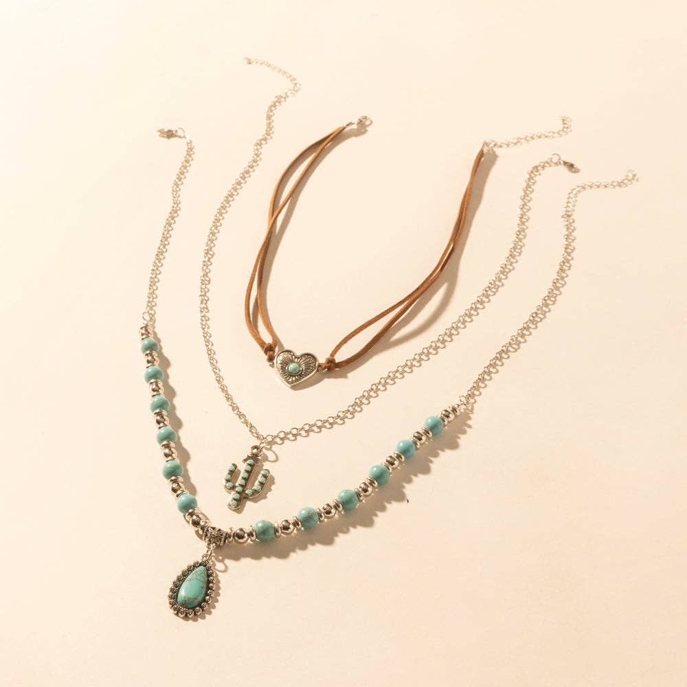 Boho Mesa Layered Necklace for Women with turquoise bead and cactus pendant