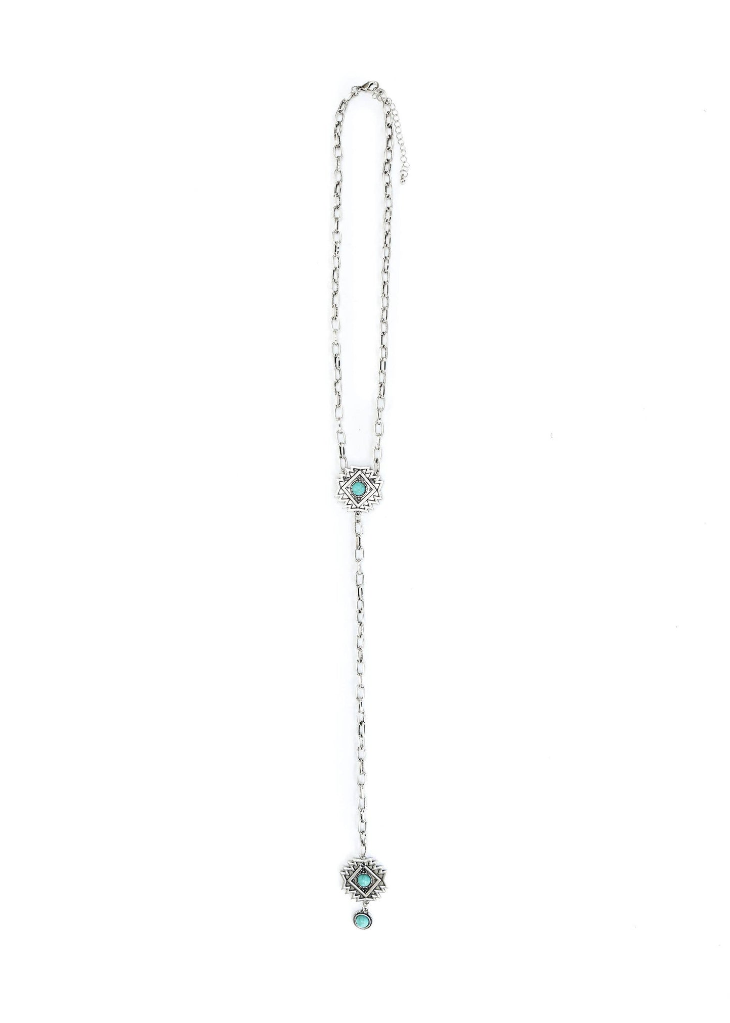 Silver Chain Lariat Necklace with Aztec Concho
