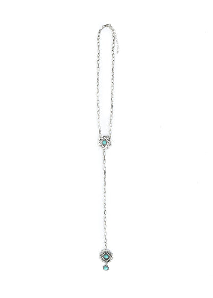Silver Chain Lariat Necklace with Aztec Concho