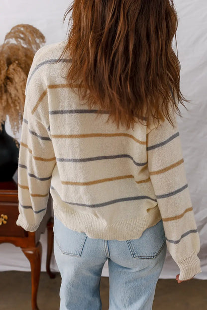 Women's Casual Striped Loose Fit Sweater - Apricot