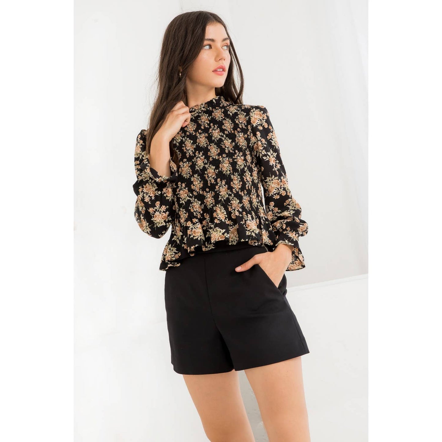 Women's Black Smocked Floral Print Long Sleeve Top