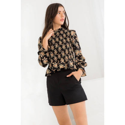 Women's Black Smocked Floral Print Long Sleeve Top
