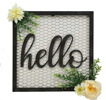 Hello Script Metal Chicken Wire Sign, Floral Decorated