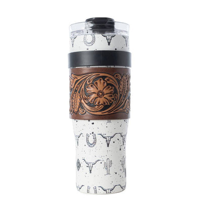 Tooled Western Tumbler in White Stainless Steel