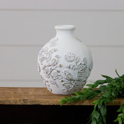 Vase With Textured Flowers and Birds