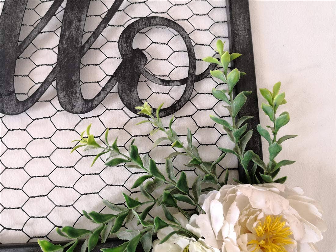 Hello Script Metal Chicken Wire Sign, Floral Decorated