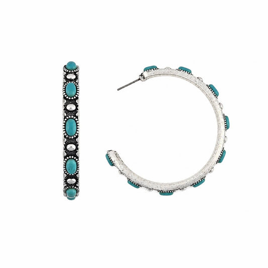 Antique Silver Turquoise Western Hoop Earrings