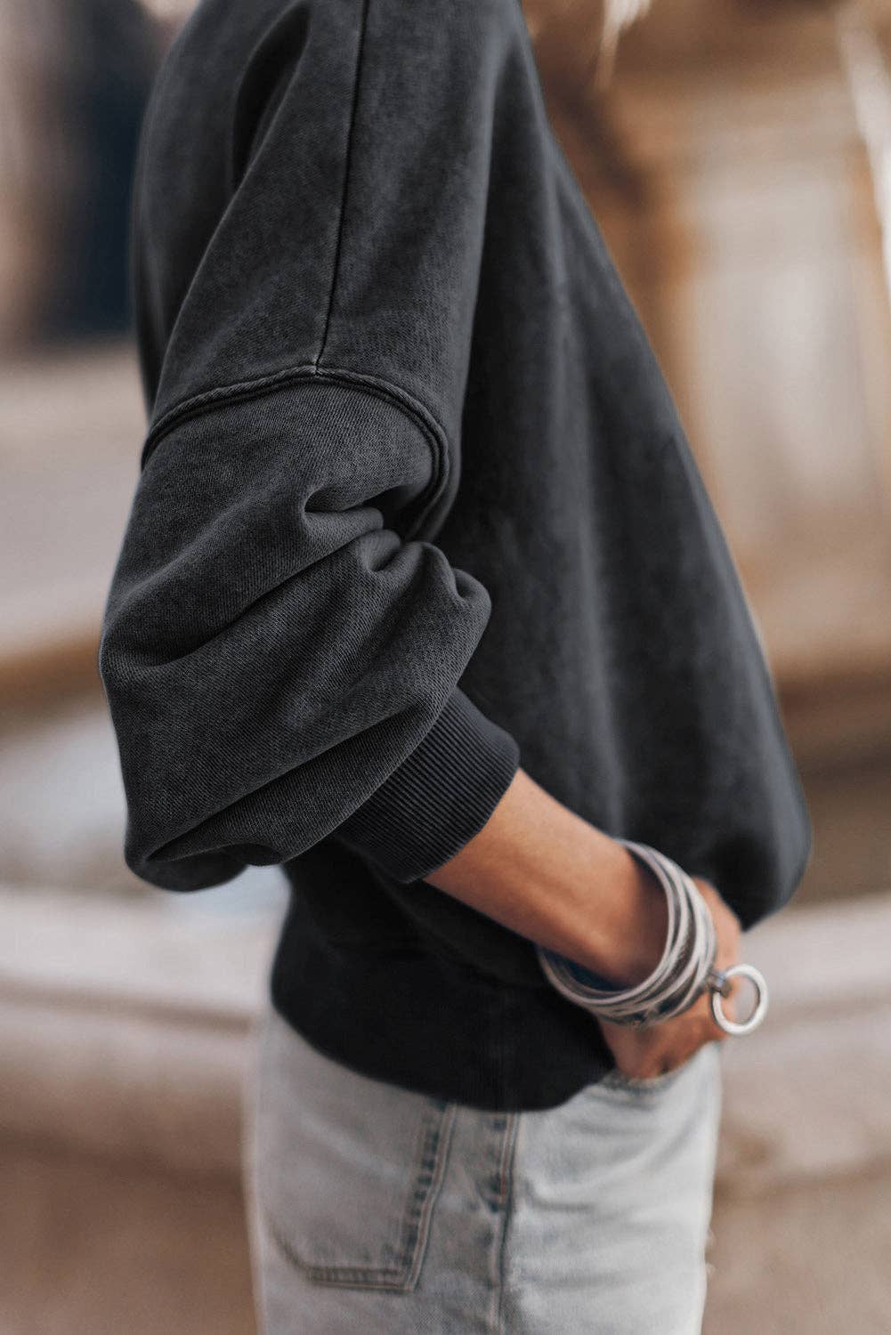Women's Acid Washed Crewneck Sweatshirt - Black