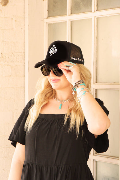 Black Trucker Cap with White Embroidered Aztec Symbol