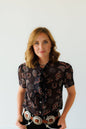 Women's Howdy Hanny Black Feathers Short Sleeve Tie Blouse