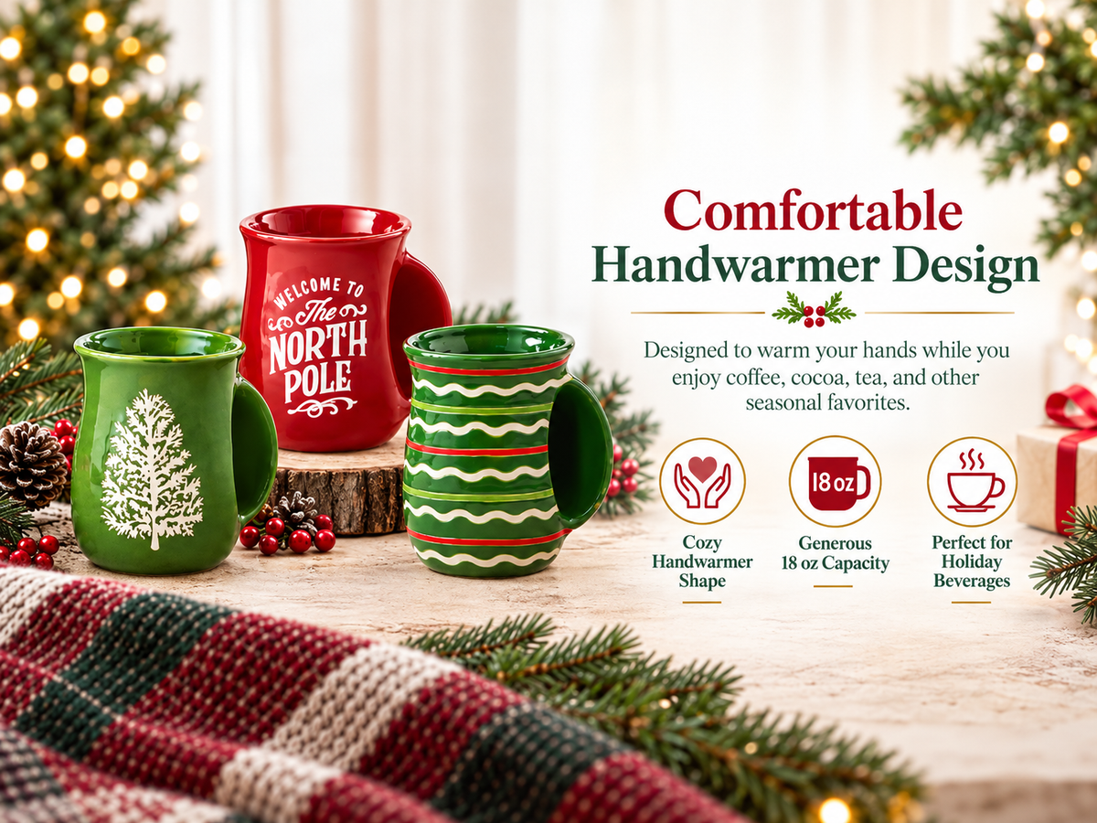 Red Bow Handwarmer Mug, Earthenware, Christmas
