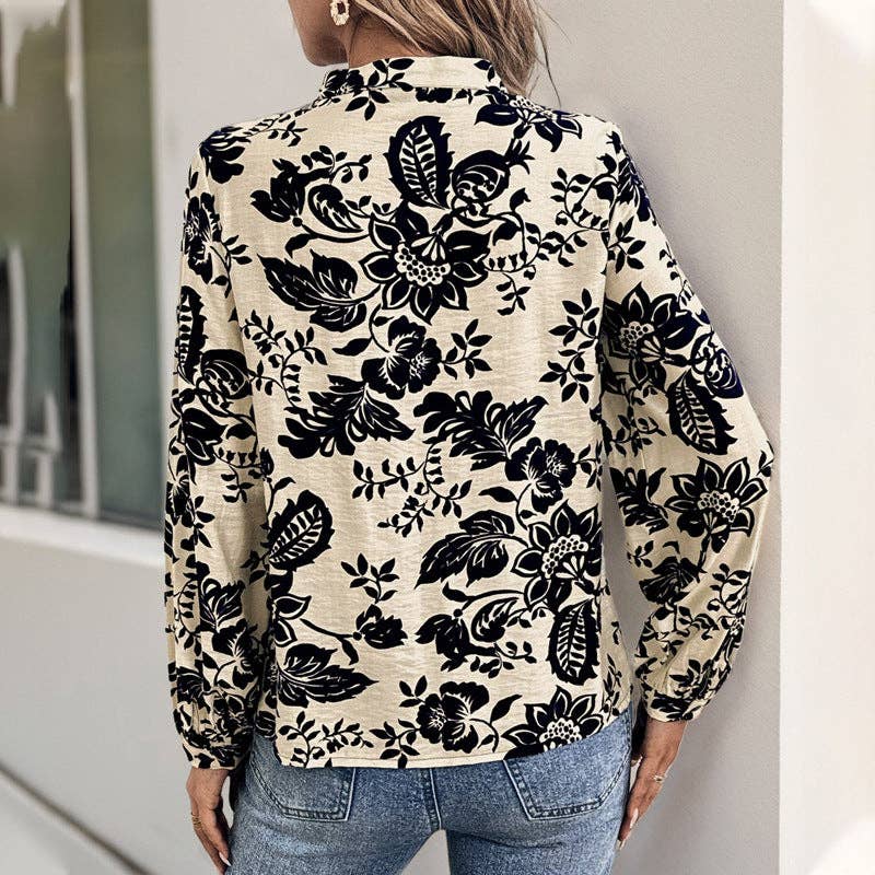 Women's Vintage Printed Blouse - Navy Blue