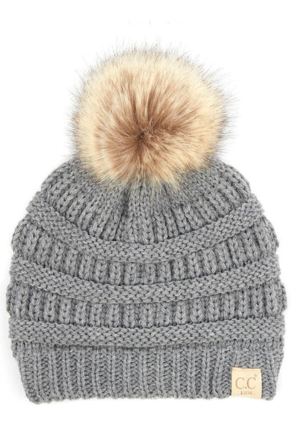 C.C. Kids Solid Ribbed Beanie with Pom