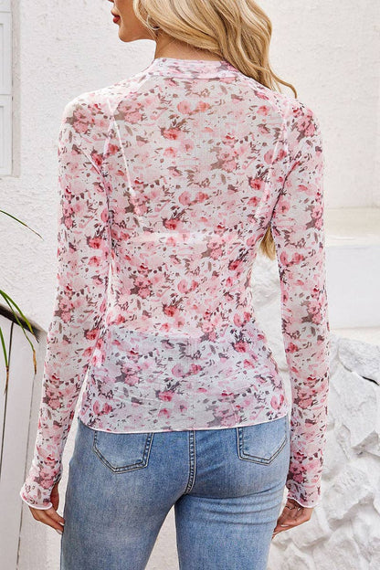 Women's Floral Mesh Top - Pink