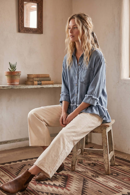 Women's Ruffle Hem Denim Shirt