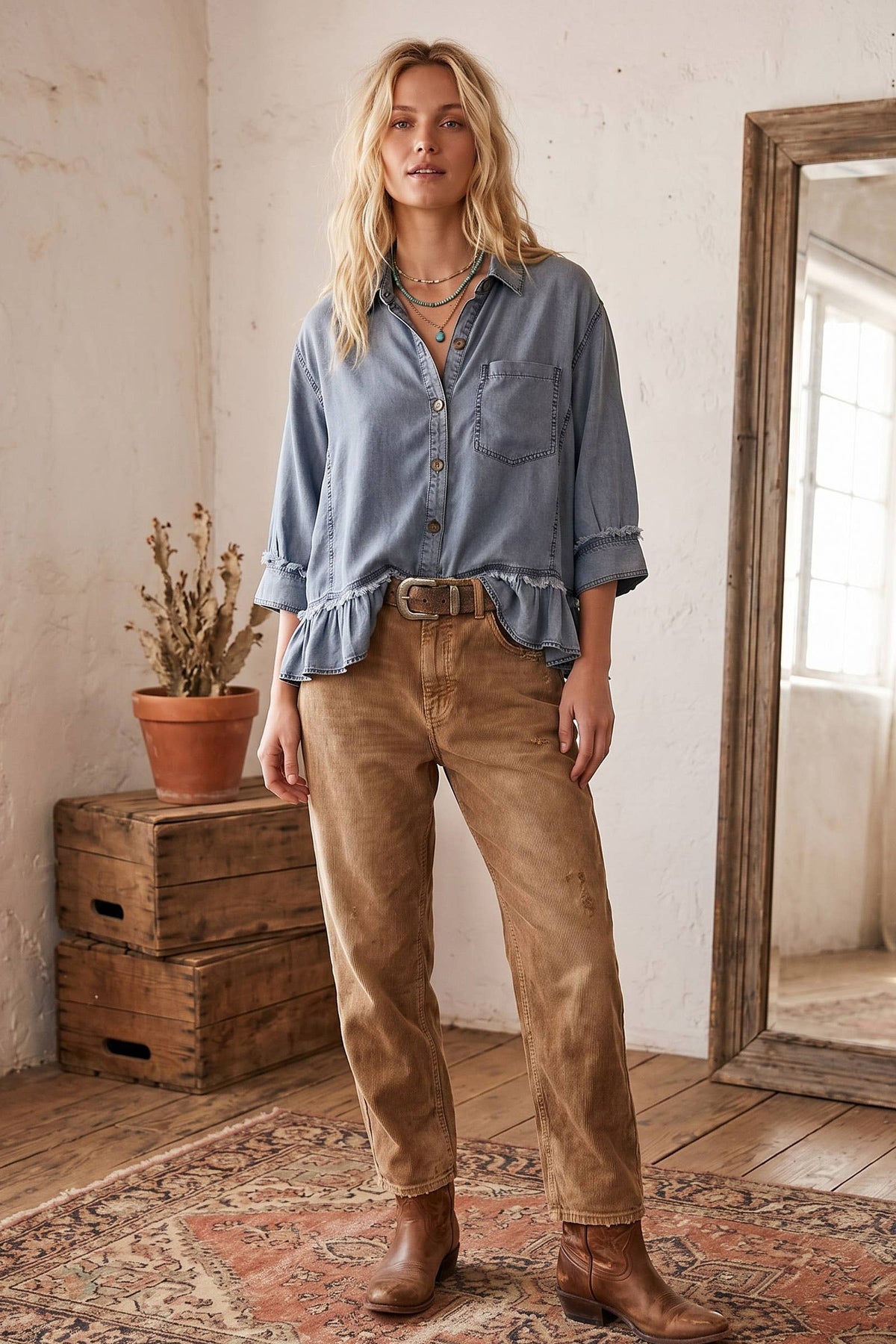 Women's Ruffle Hem Denim Shirt