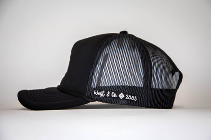 Black Trucker Cap with White Embroidered Aztec Symbol