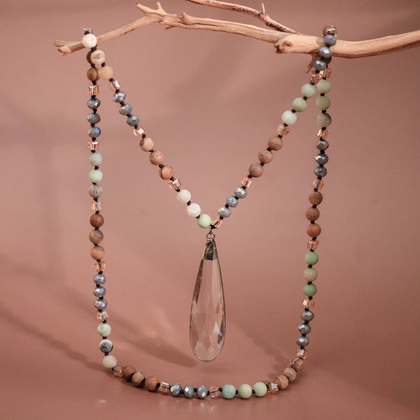 Natural Stone Bead Necklace with Crystal Pendant