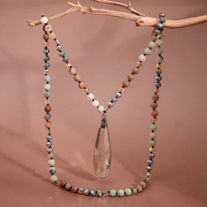 Natural Stone Bead Necklace with Crystal Pendant