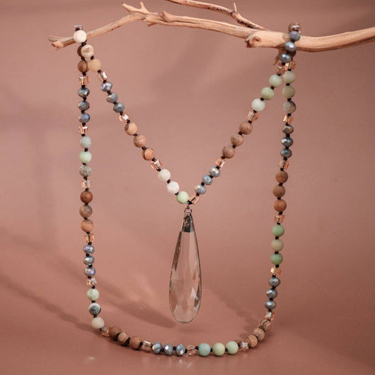 Natural Stone Bead Necklace with Crystal Pendant