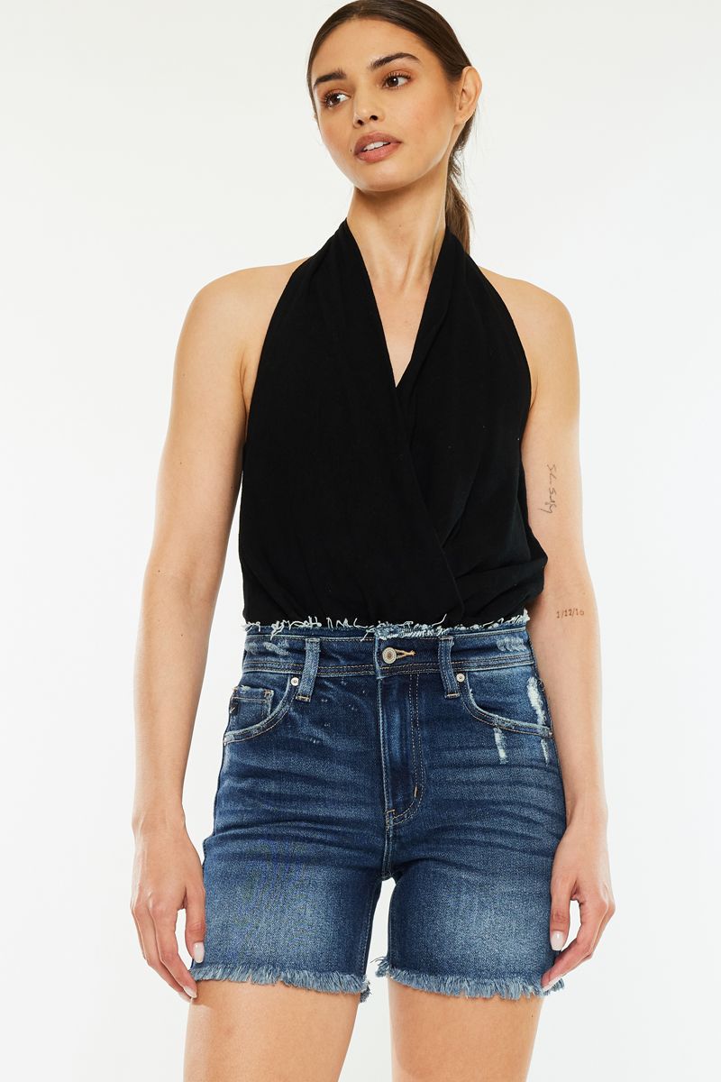 Women's Kancan HIGH RISE SHORTS WITH WAISTBAND FRAY DETAIL
