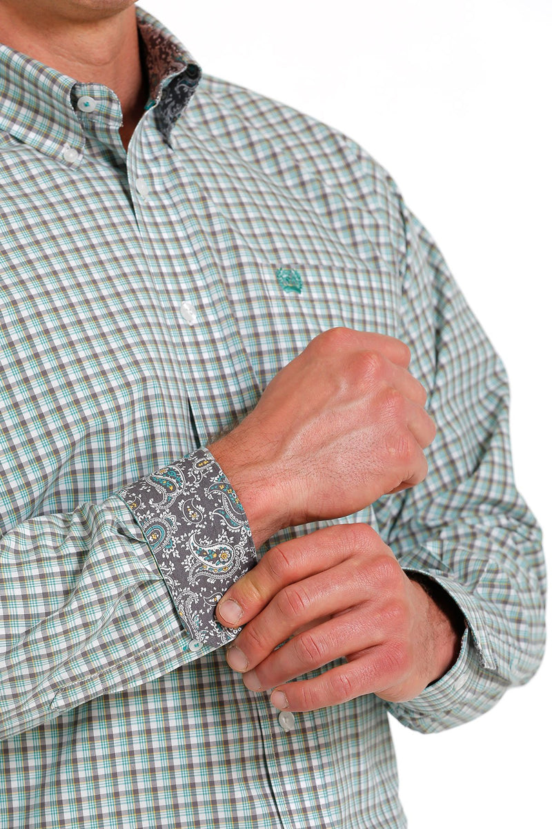 Men's Cinch Plaid Long Sleeve Button Down Shirt-WHITE / GRAY / GOLD