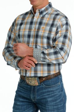 Men's Cinch PLAID BUTTON-DOWN WESTERN SHIRT - LIGHT BLUE / NAVY / ORANGE