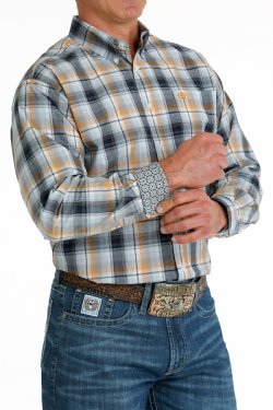 Men's Cinch PLAID BUTTON-DOWN WESTERN SHIRT - LIGHT BLUE / NAVY / ORANGE