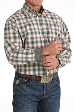 Men's Cinch Plaid Print Button-Down Western Shirt - White