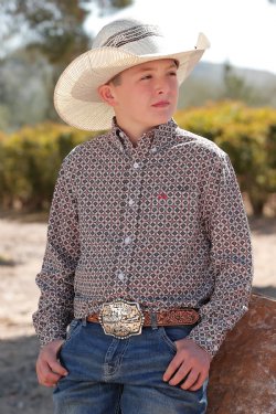 Boy's Cinch ArenaFlex Geometric Print Button-Down Western Shirt-Khaki