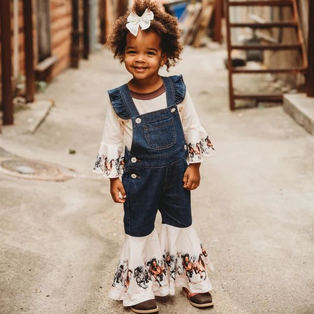 Girl's Shea Baby Running Horses Denim Overalls
