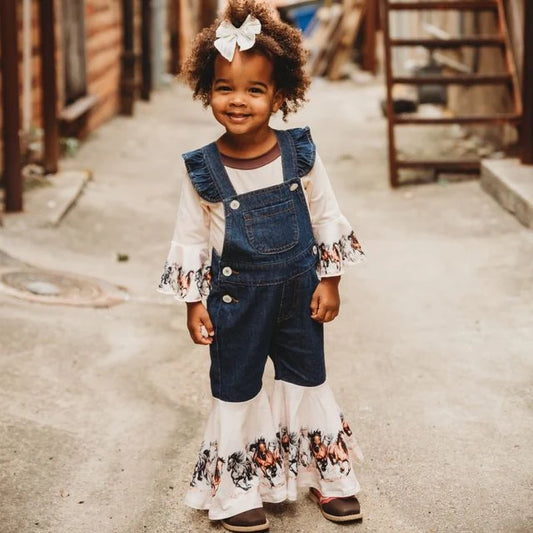 Girl's Shea Baby Running Horses Denim Overalls