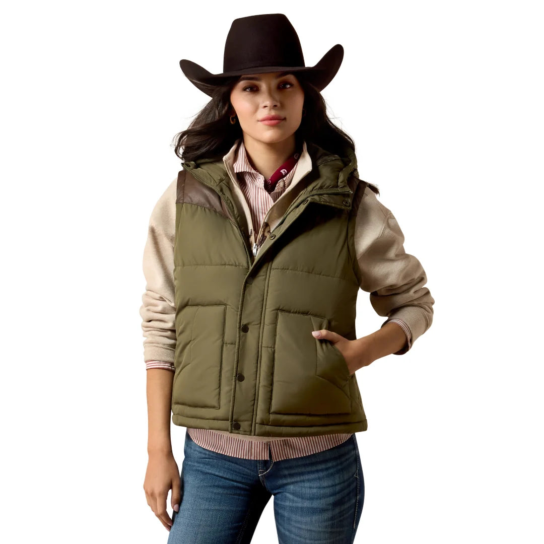 Women's Ariat Frontier Puffer Vest - Ivy Green with Chicory Coffee
