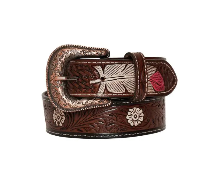 Women's Myra Pink feather Hand-Tooled Leather Belt