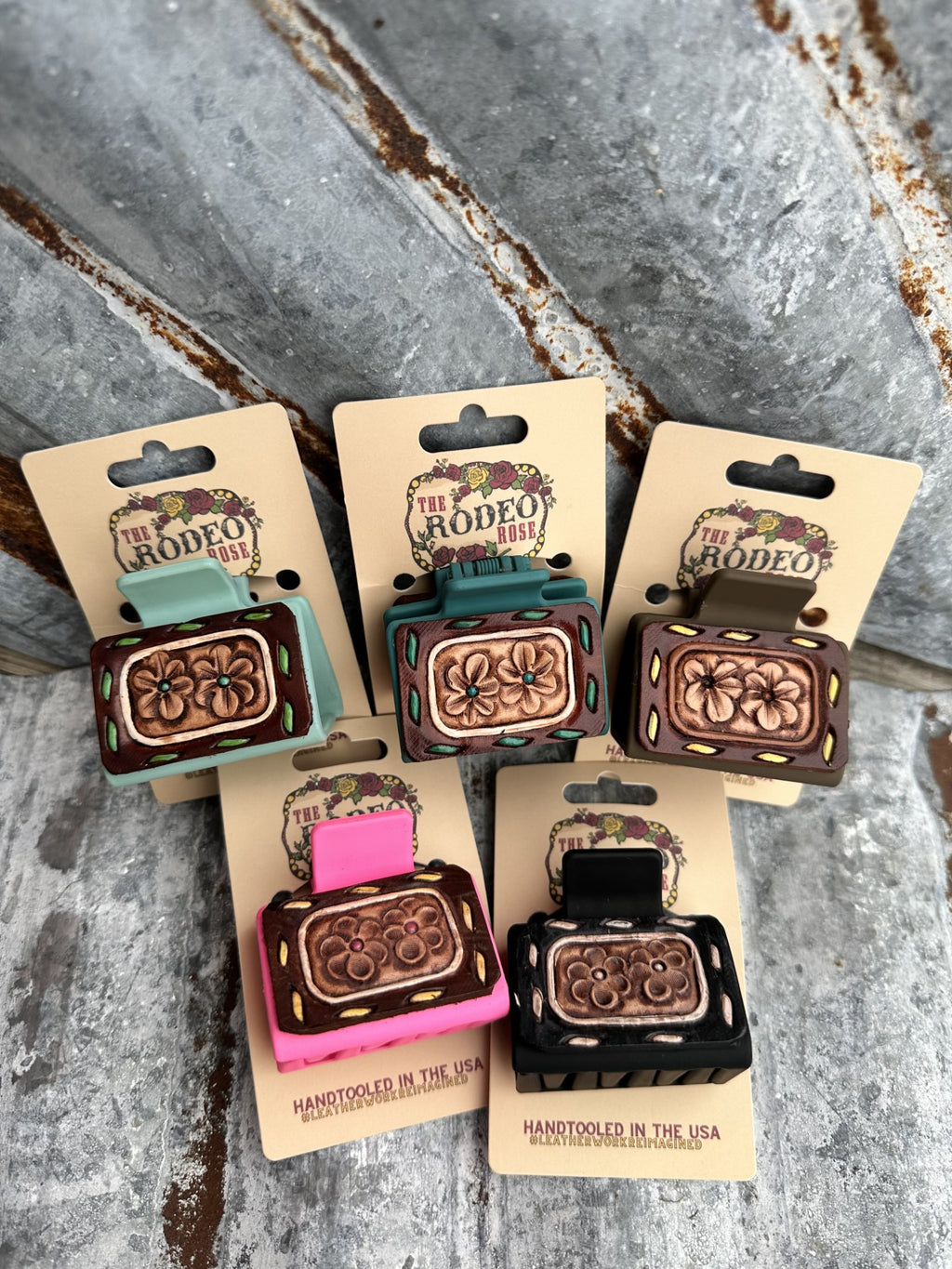 The Rodeo Rose Hand Tooled Leather Hair Clips