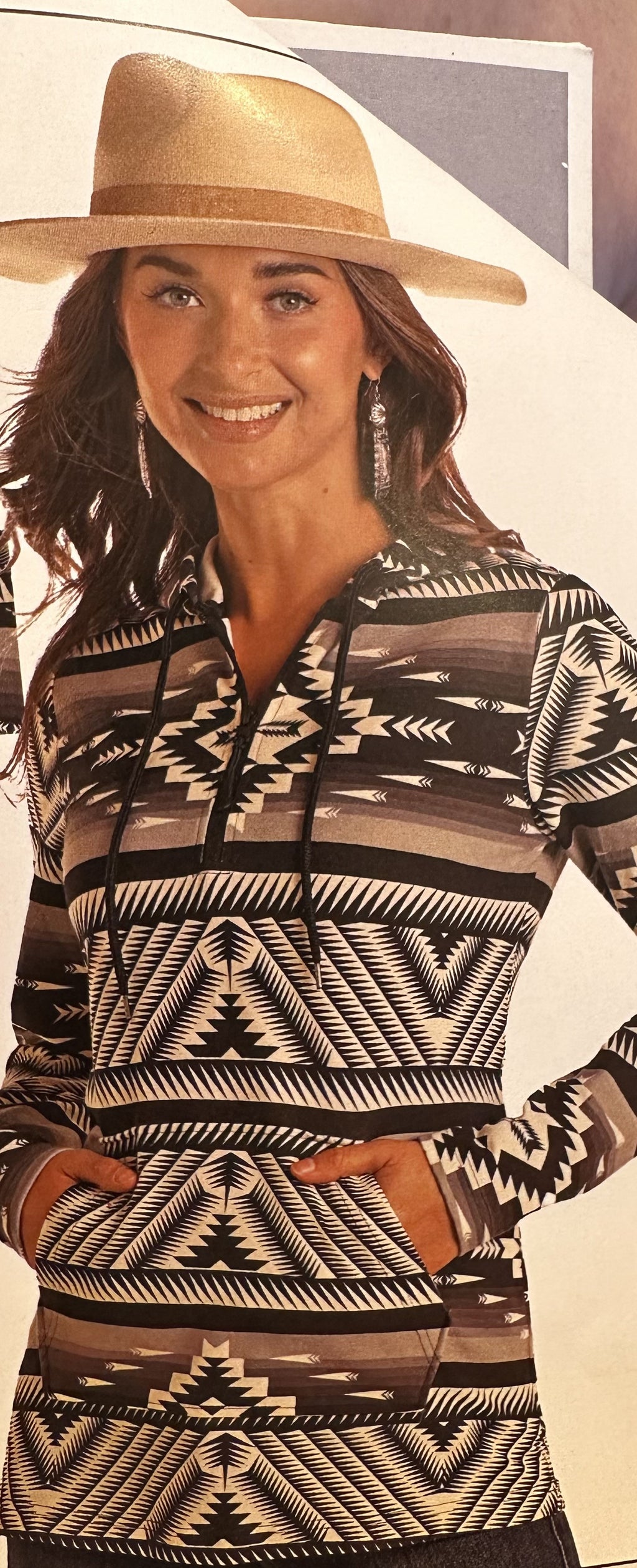 Women's Rock & Roll Denim Aztec Printed Hoodie Pullover-Black